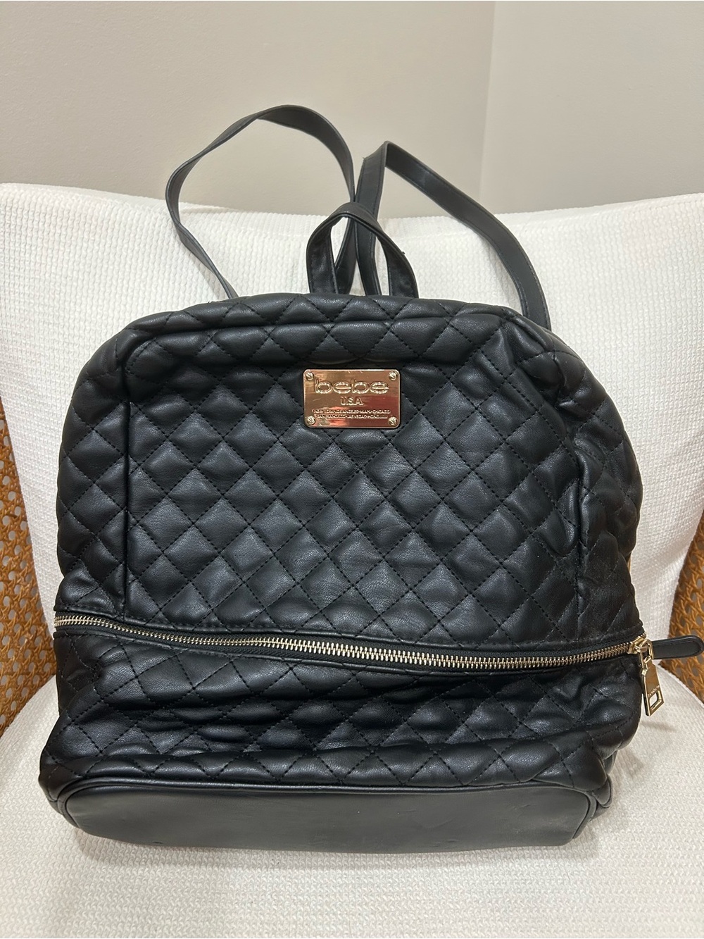 bebe Black Quilted Backpack with Gold Plate